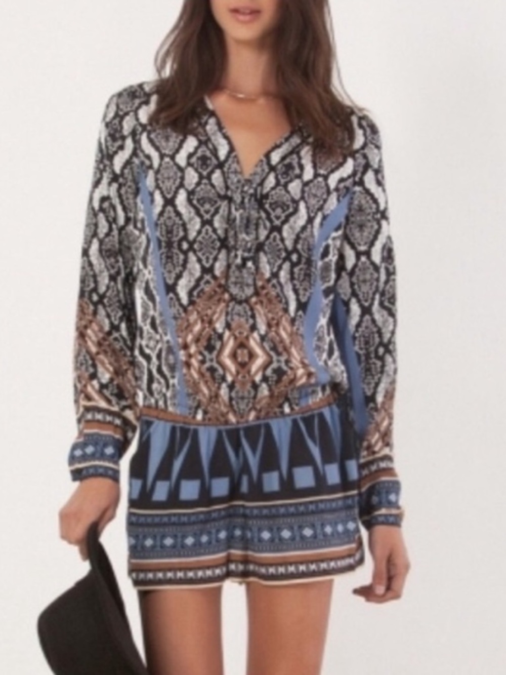 NWOT Hale Bob Black, White & Purple Tribal Printed Romper Zipper Back Tie Front